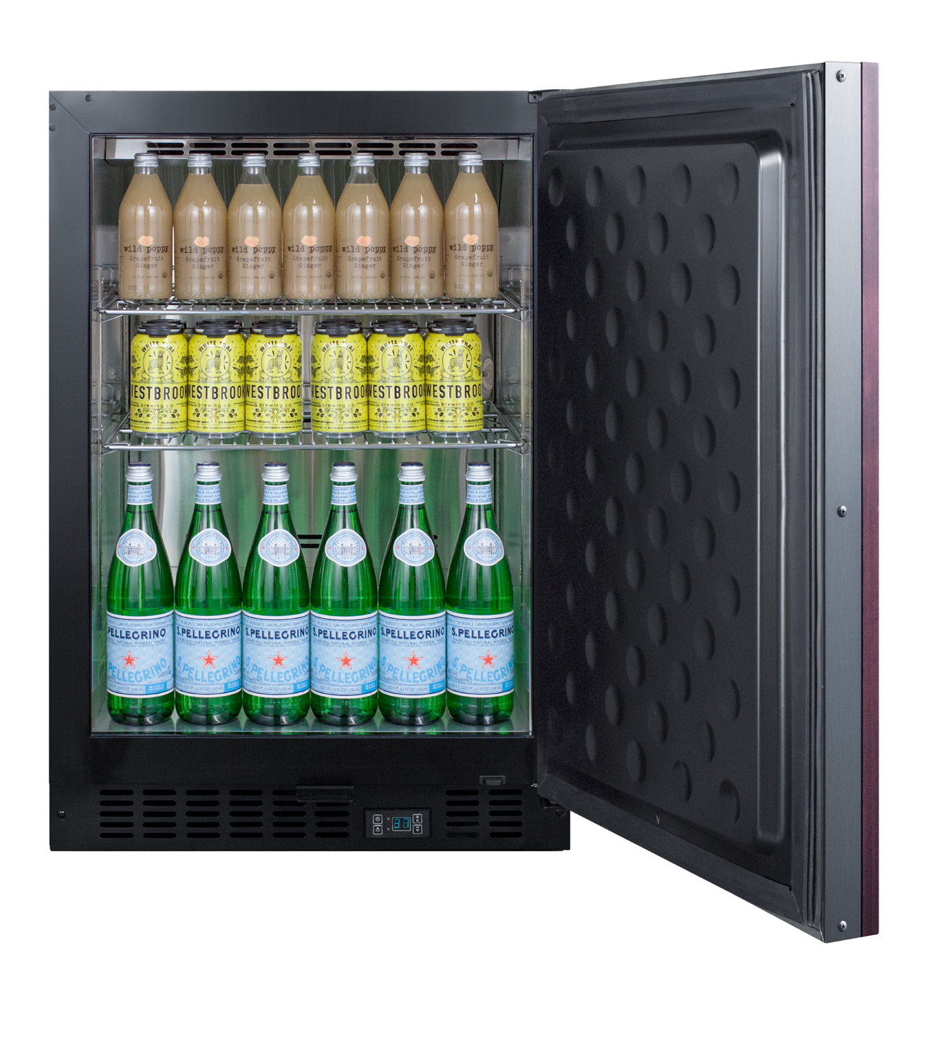 Built-in undercounter commercial all-refrigerator with panel-ready door, stainless steel interior, lock, and digital thermostat